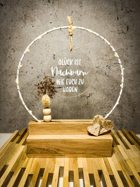 Geschenk für Nachbarin & Nachbarn – Tischbogen 'Glück ist eine Nachbarin/einen Nachbarn wie dich zu haben' mit Licht